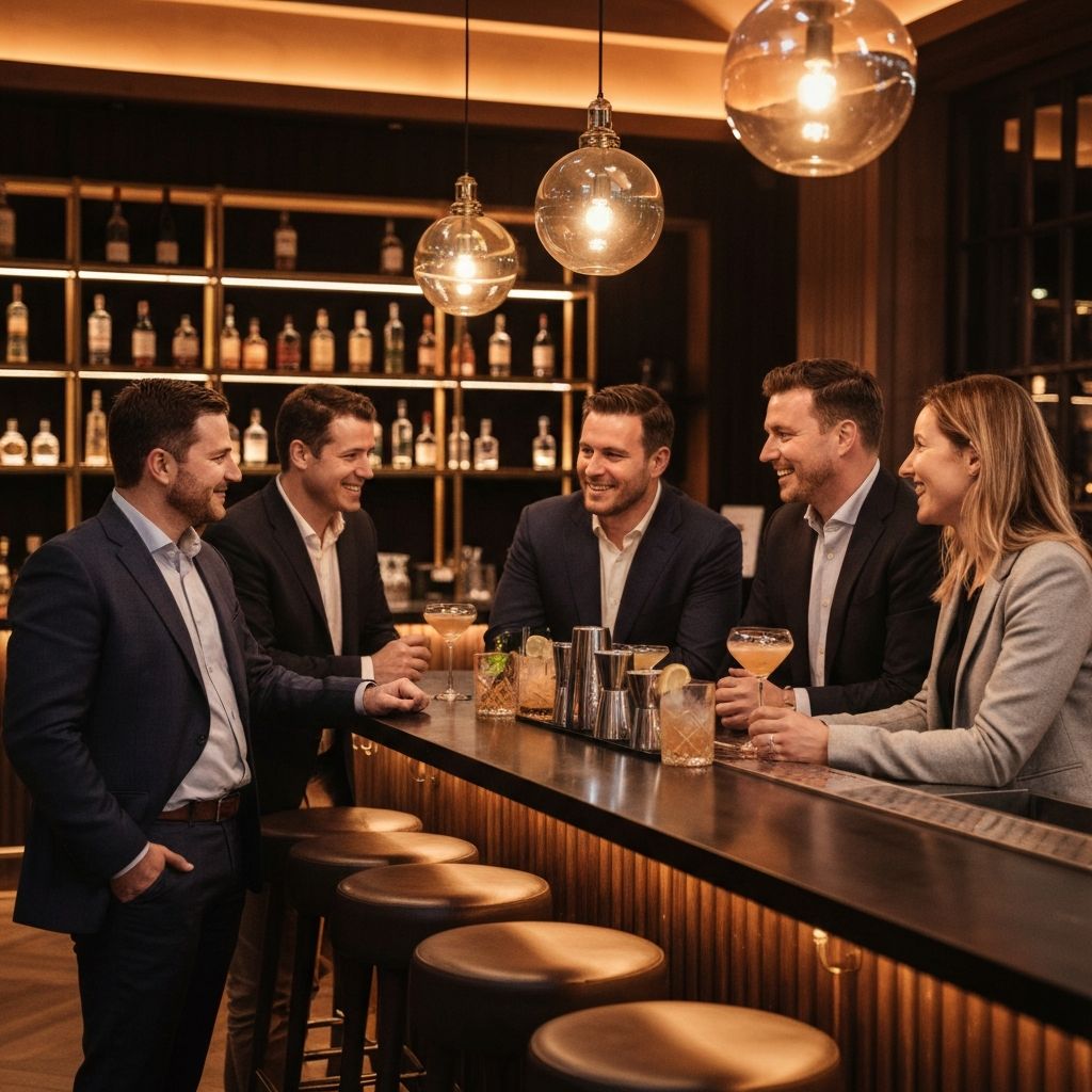 Colleagues enjoying drinks at an upscale bar after work