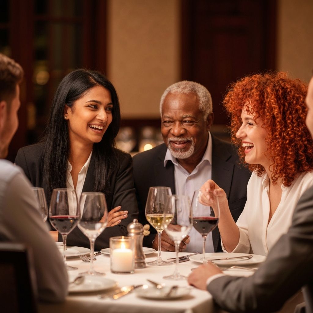 Colleagues enjoying dinner together at an upscale restaurant